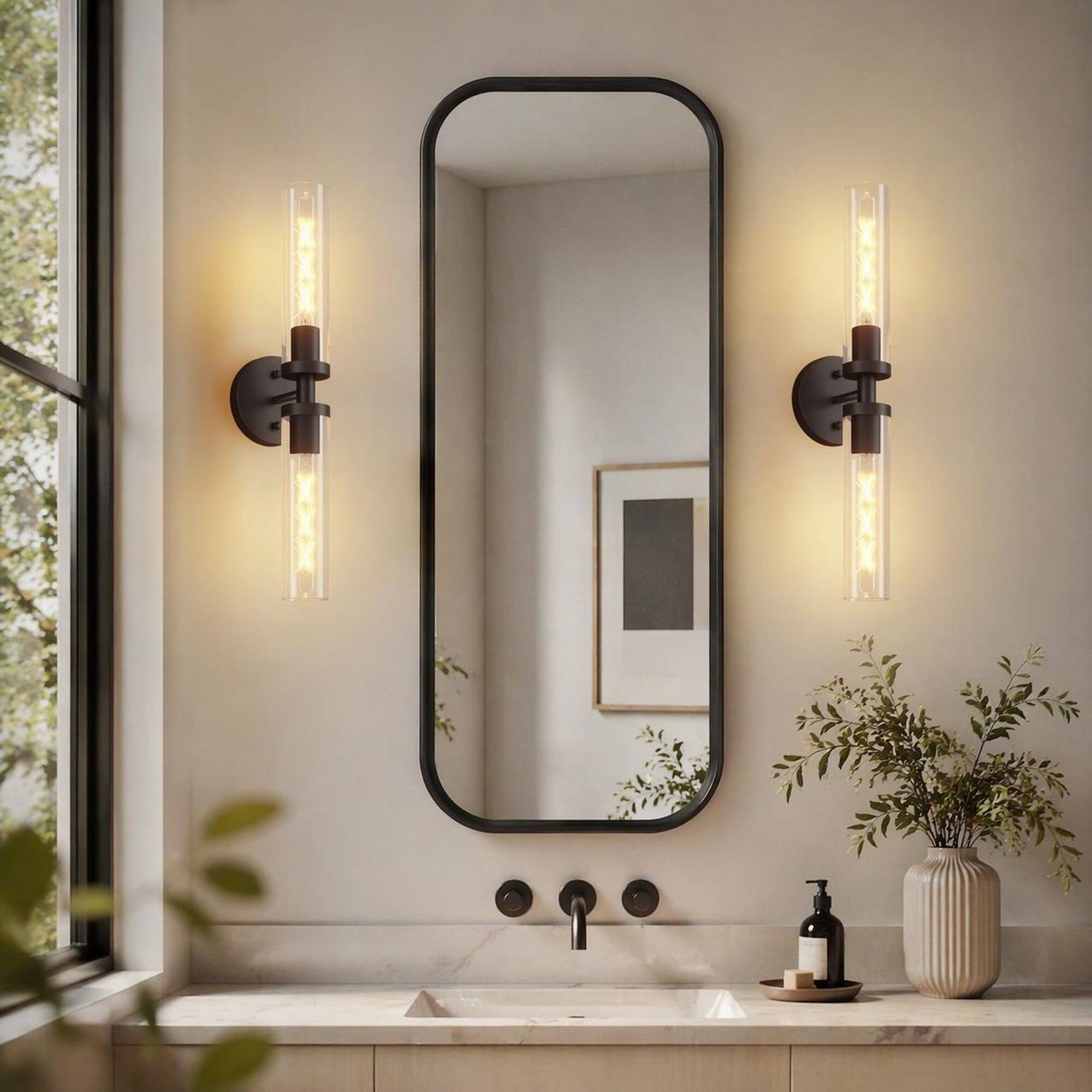 Back. RYHNUYNE - Pair of Hardwired Matte Black Wall Sconces with Clear Glass Shades for Bathroom Vanity, Hallway, and Bedroom Lighting.