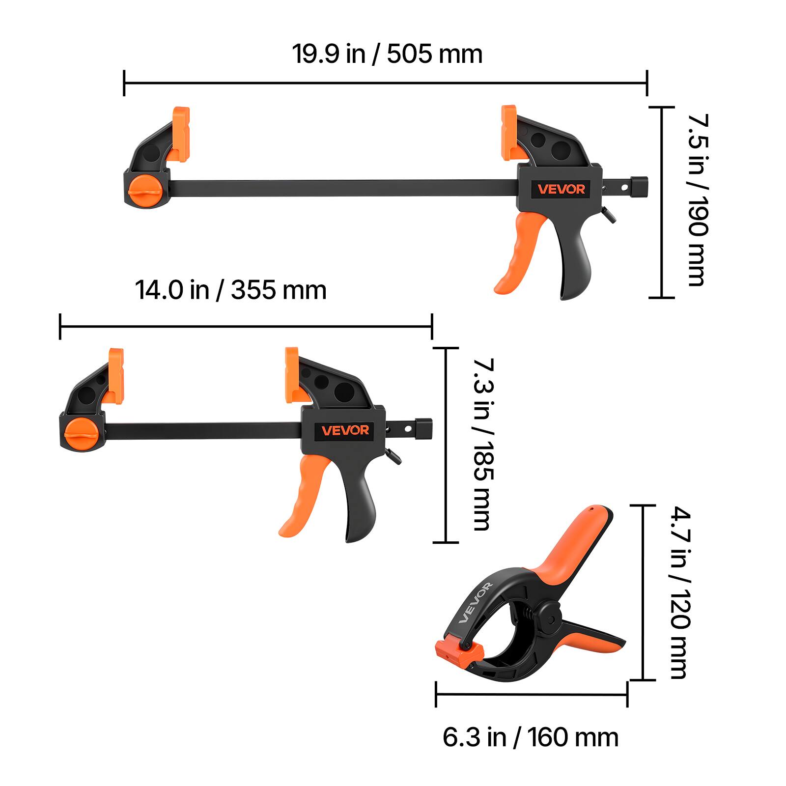 19.9 in / 505 mm  
14.0 in / 355 mm  
7.3 in / 185 mm  
7.5 in / 190 mm  
4.7 in / 120 mm  
6.3 in / 160 mm
