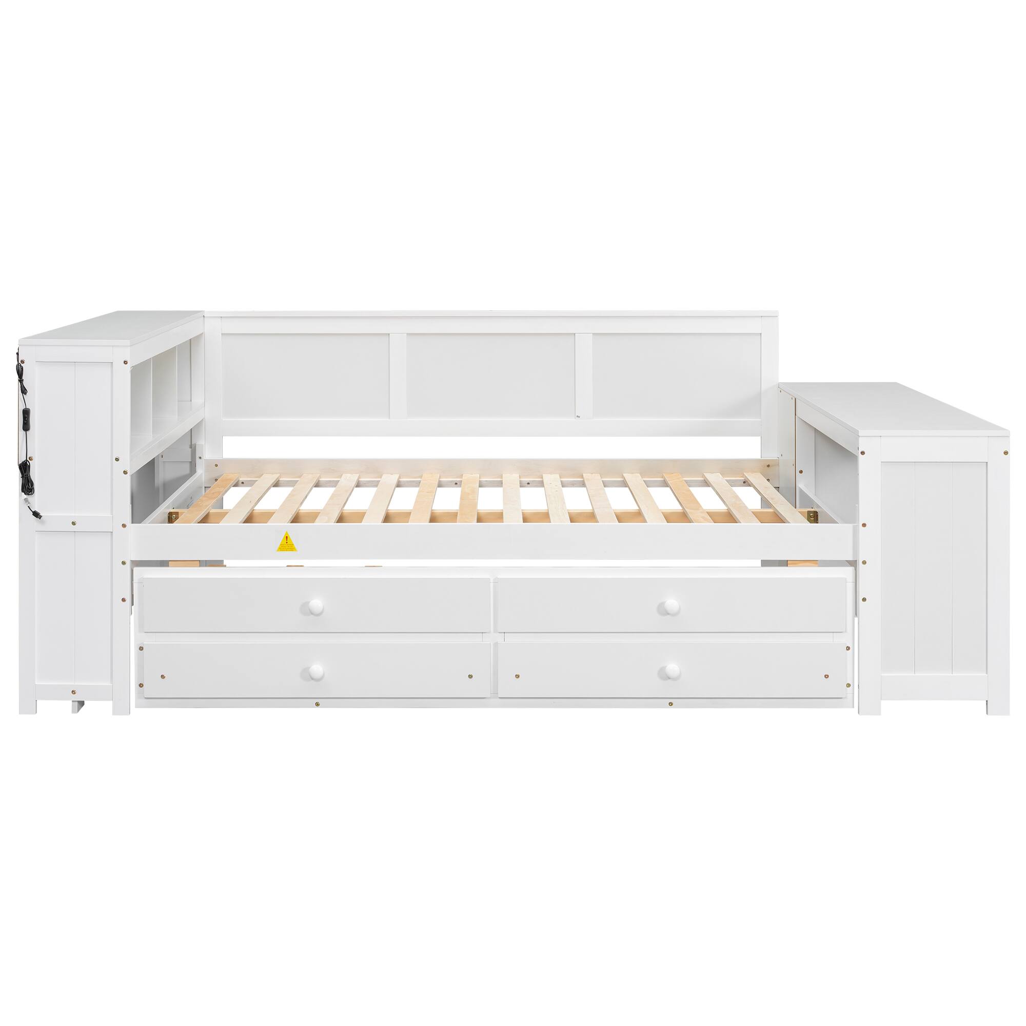 Back. Whisen - Full Size Daybed with Trundle, Storage Shelves, Drawers, Desk, LED & Charging Station - White.