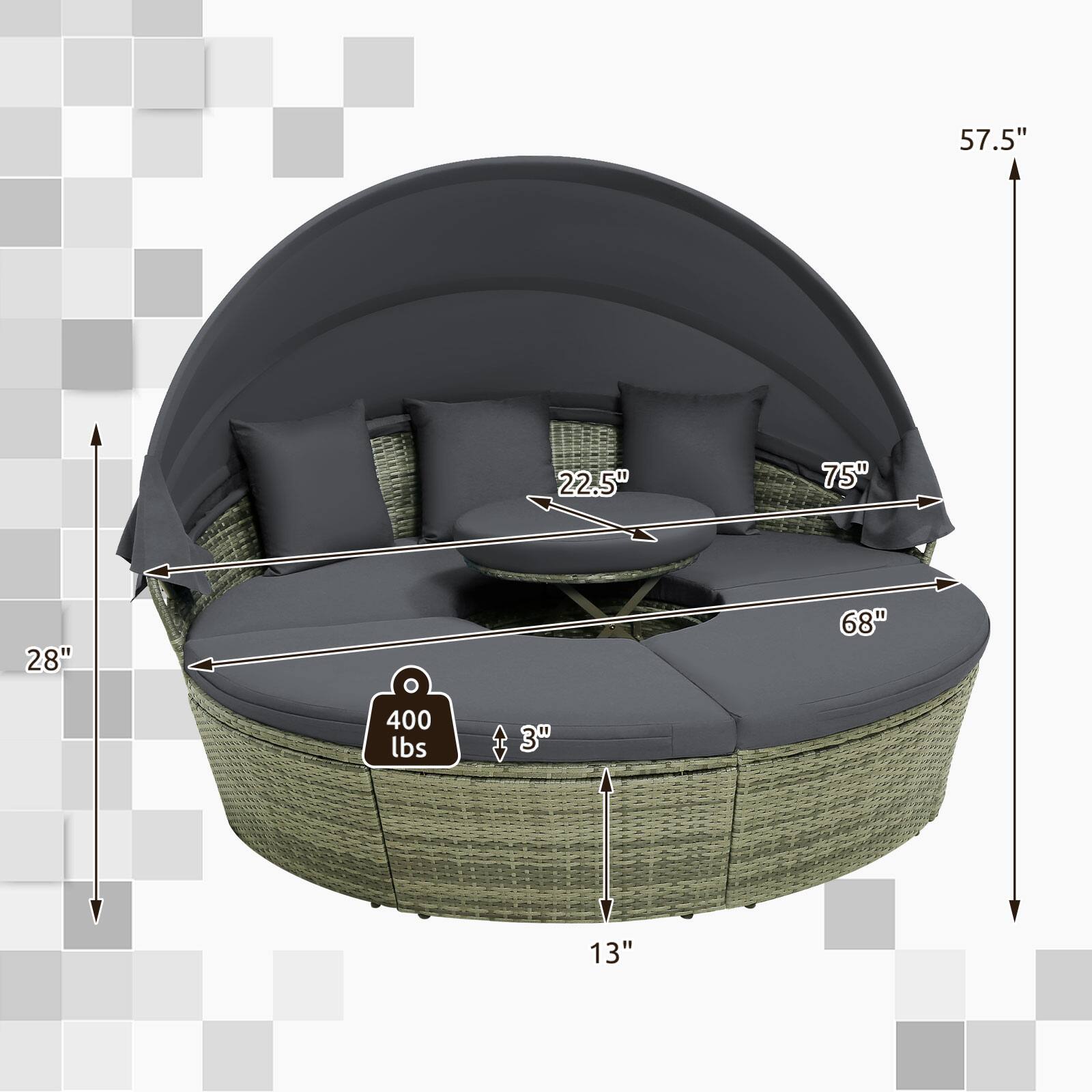 57.5"  
22.5"  
75"  
28"  
68"  
400 lbs  
30 V  
13"