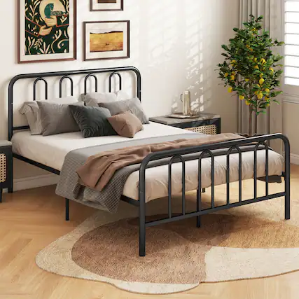 Front. Gymax - Gymax Stylish Full Size Metal Bed Frame Platform Bed Base w/ Headboard & Footboard - Black.