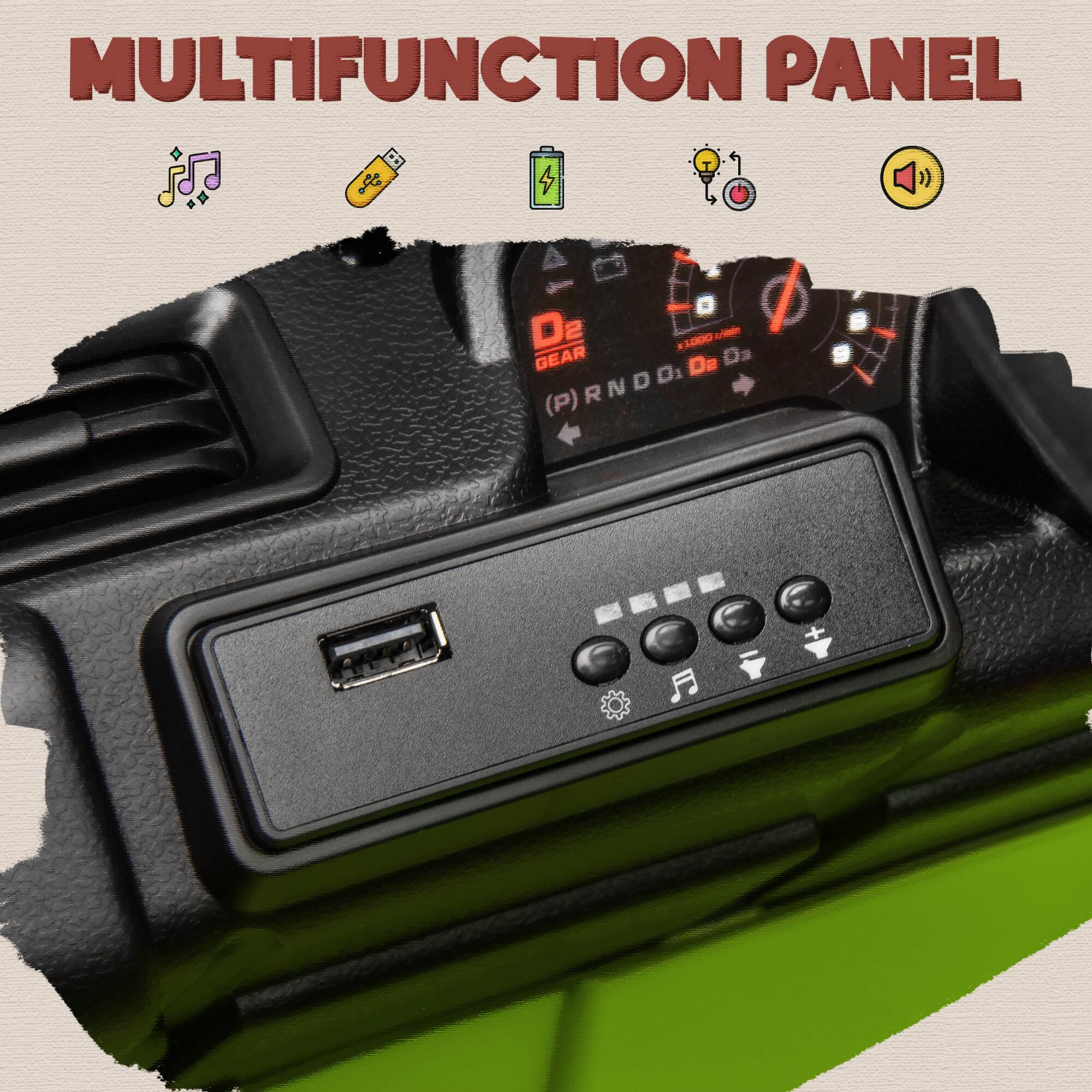 MULTIFUNCTION PANEL

- Music
- USB
- Power
- Headlight
- Speaker

D2 GEAR
(P) R N D D