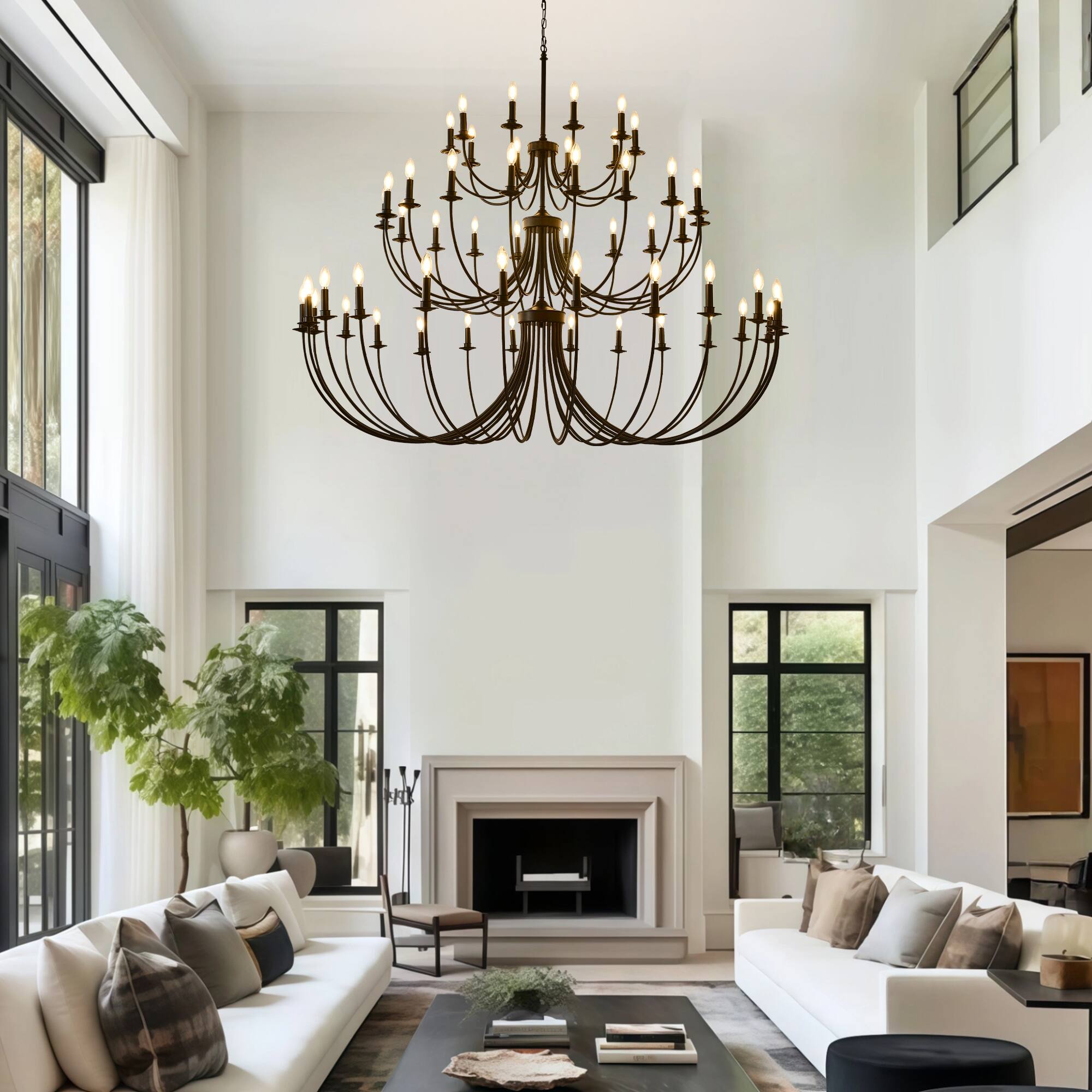 Angle. RYHNUYNE - 52 Lights Black Chandelier, 3-Tier Farmhouse Chandeliers for Dining Room, Large Industrial Candle Pendant Light Fixtures - Black.