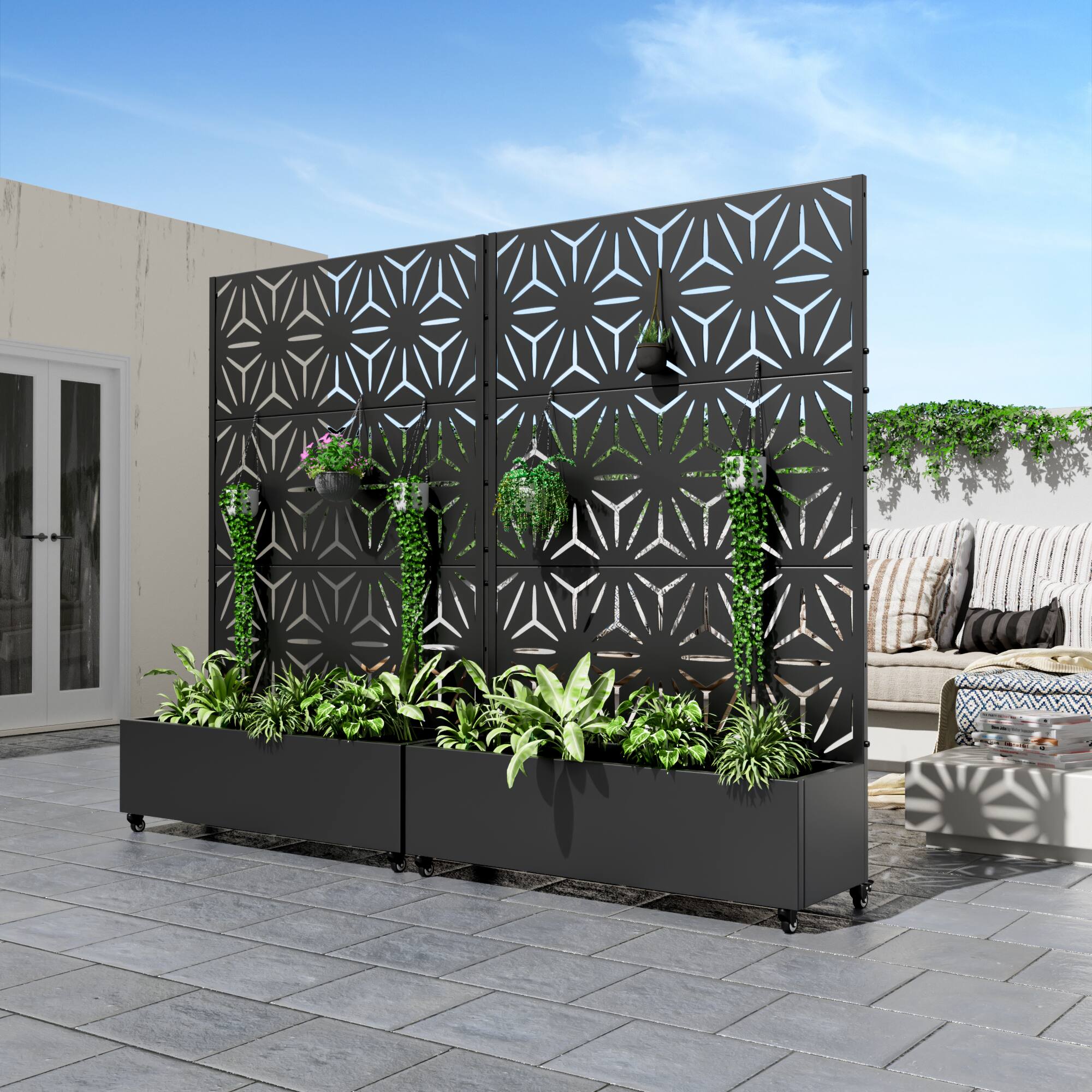 Alt View 1. PexFix - 72 in. H x 47 in. W Star Pattern Rectangle Metal Planter Box Raised Garden Beds with Trellis-Ideal for Balcony - Black.