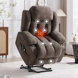KERDOM - Massage & Lumbar Heating Recliner Chair for Elderly, Oversized Power Lift Single Sofa with Cup Holder & Side Pocket - Brown