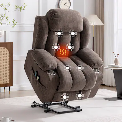 Front. KERDOM - Massage & Lumbar Heating Recliner Chair for Elderly, Oversized Power Lift Single Sofa with Cup Holder & Side Pocket - Brown.