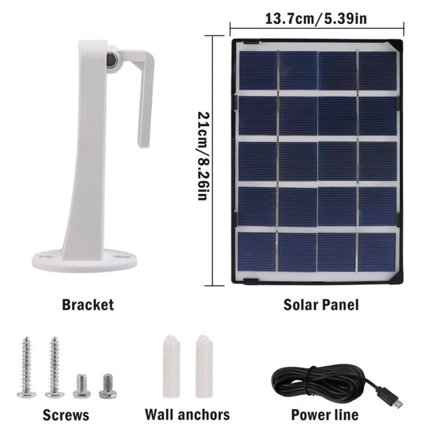 - Bracket
- Solar Panel
- Screws
- Wall anchors
- Power line

Dimensions:
- Bracket: 21cm / 8.26in
- Solar Panel: 13.7cm / 5.39in