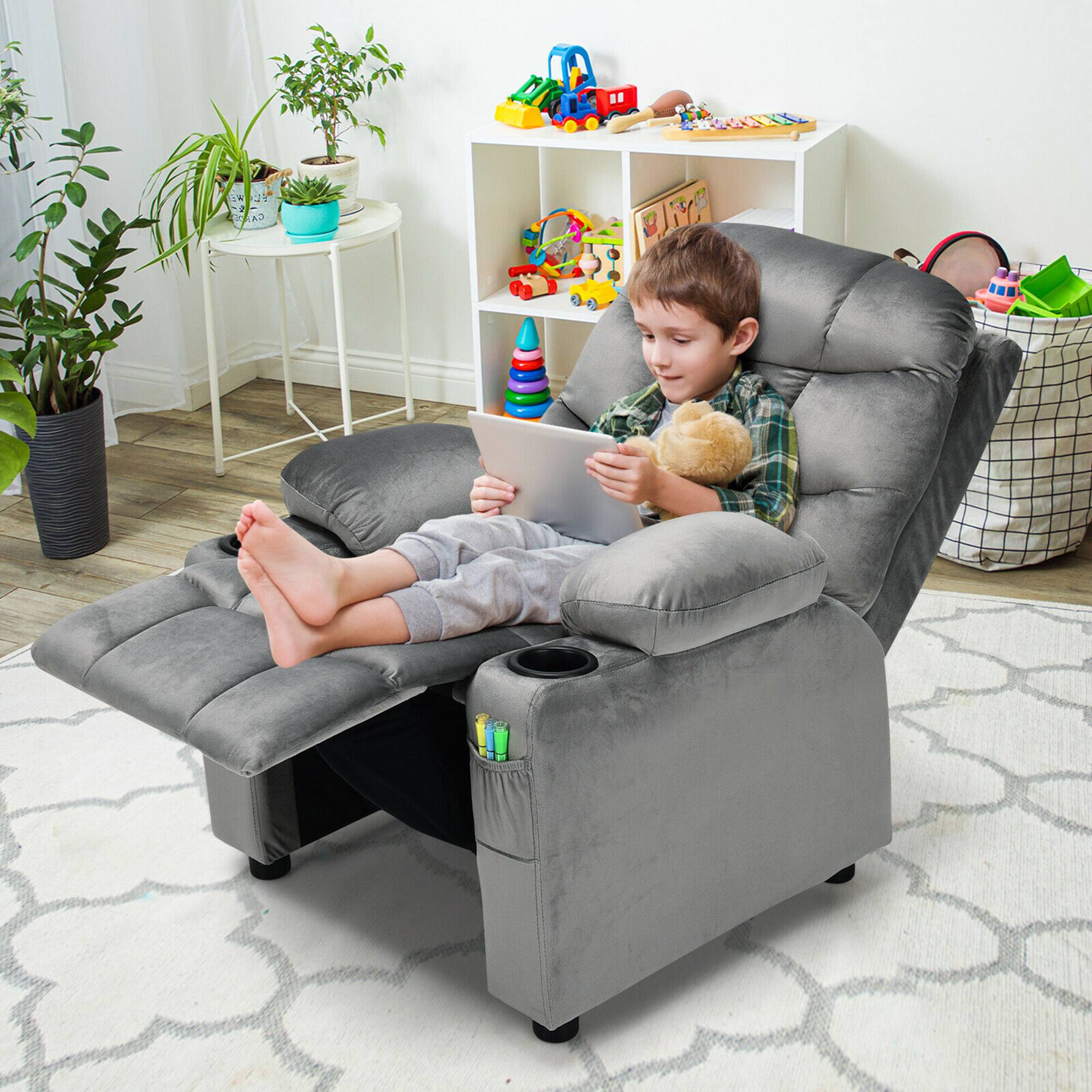 Alt View 1. Costway - Costway Kids Youth Recliner Chair Velvet Fabric w/Cup Holder & Side Pocket - Grey.