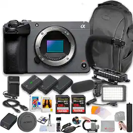 Bundle - Sony - FX30 Super 35, 26MP Cinema Line Camera + 256GB Memory + Microphone + LED Video Light + Spare Batteries + U-Grip + H - Black