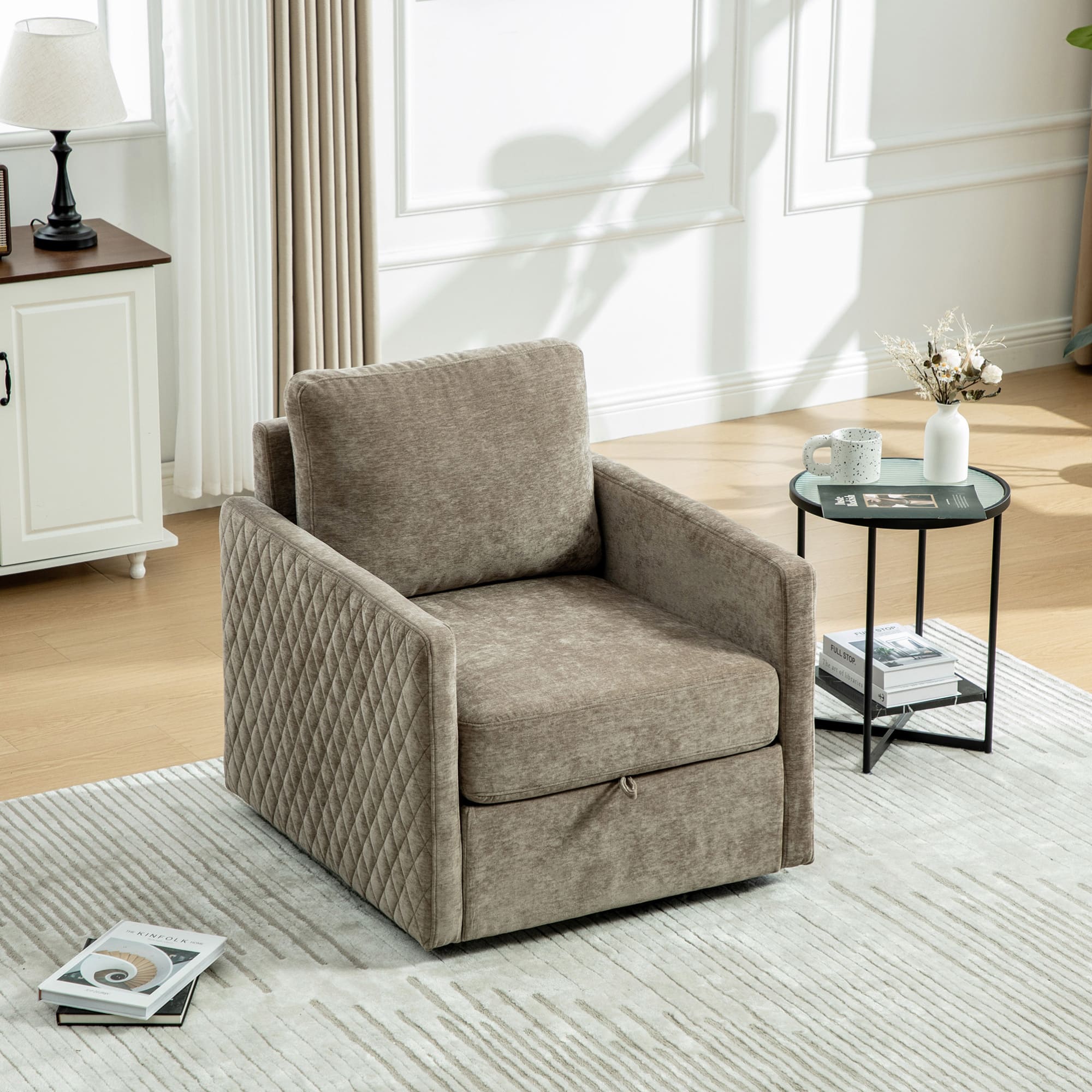 GOODSILO - Upholstered Swivel Armchair with Hidden Storage and Tufted Armrests for Living Room and Bedroom - taupe