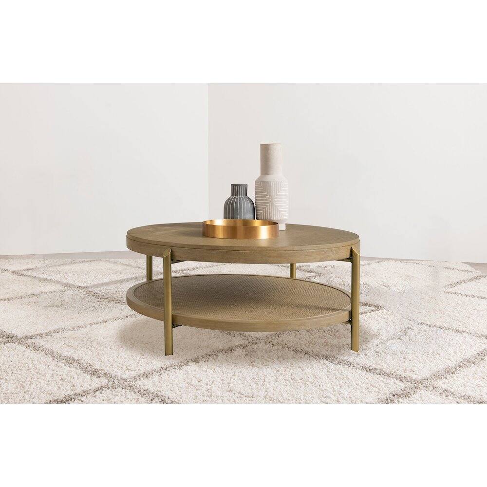 Angle. Coaster Co. of America - Arini Round Coffee Table With Storage Shelf Sand Wash - Sand Wash.
