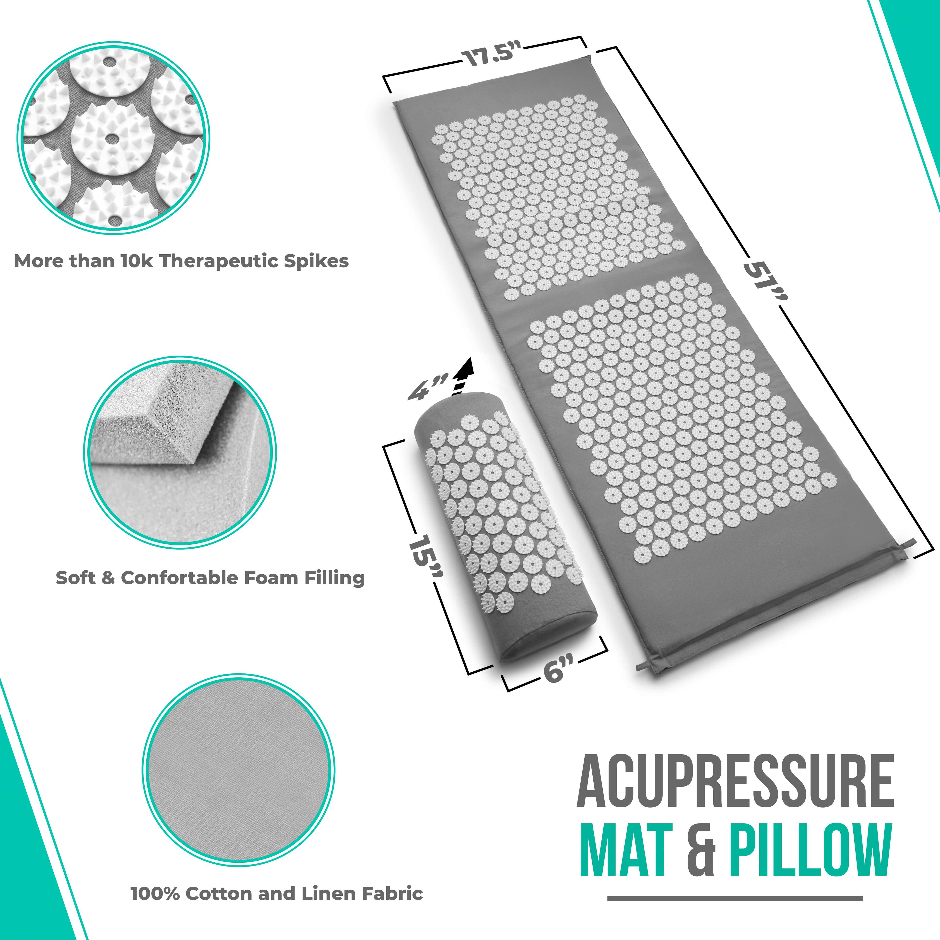 17.5"  
More than 10k Therapeutic Spikes  
51"  
4"  
Soft & Comfortable Foam Filling  
15"  
6"  
100% Cotton and Linen Fabric  
ACUPRESSURE MAT & PILLOW