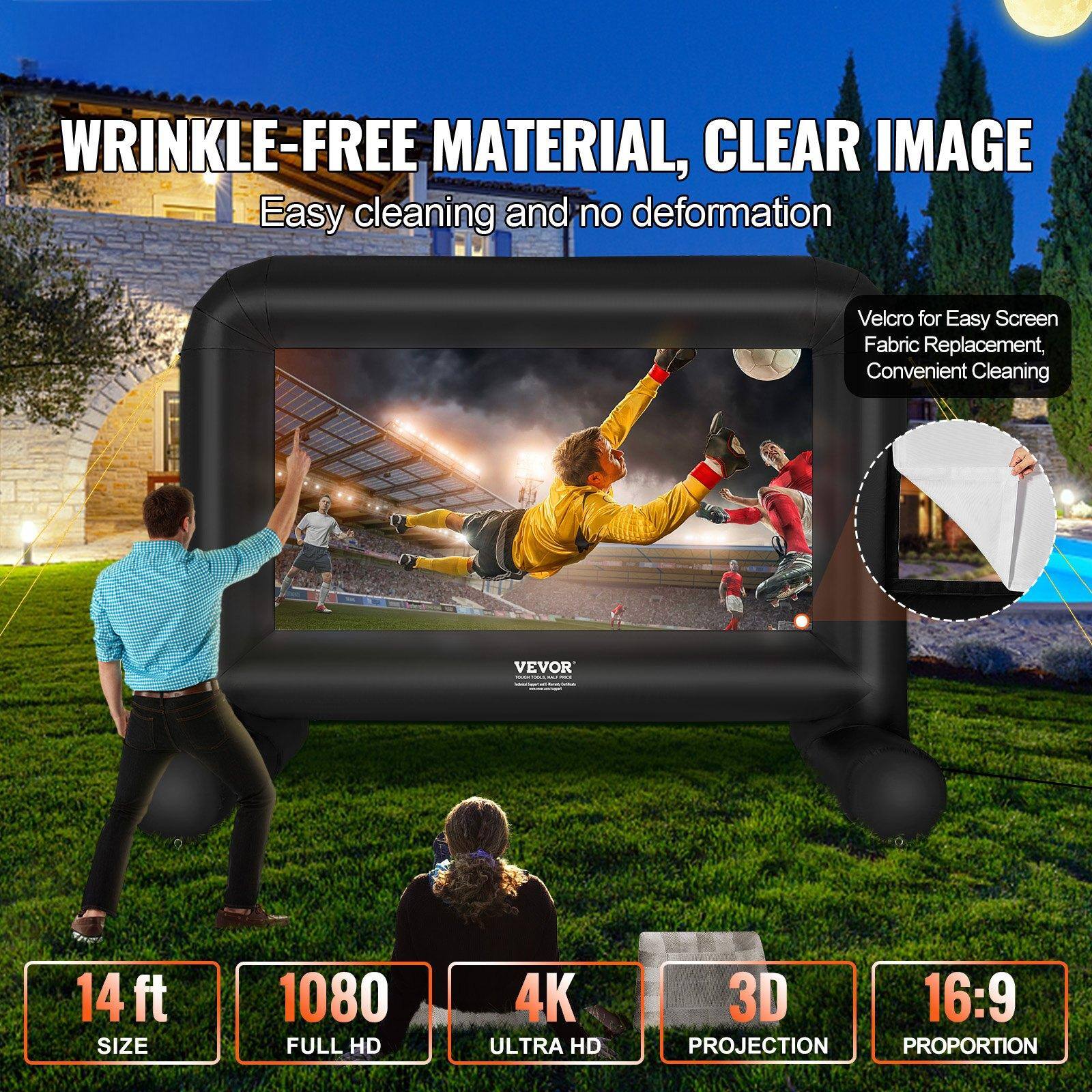 WRINKLE-FREE MATERIAL, CLEAR IMAGE  
Easy cleaning and no deformation  

Velcro for Easy Screen Fabric Replacement, Convenient Cleaning  

14 ft SIZE  
1080 FULL HD  
4K ULTRA HD  
3D PROJECTION  
16:9 PROPORTION