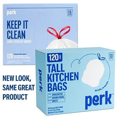 **perk**

**KEEP IT CLEAN**  
EVERY LITTER BIT COUNTS

**120 STRAPPING NEW TALL KITCHEN TRASH BAGS**  
13 KITCHEN BAGS

**NEW LOOK, SAME GREAT PRODUCT**

**perk**  
TALL KITCHEN BAGS  
120 COUNT  
13 BAGS

**UNSCENTED**  
**DRAWSTRING**  
**WHITE**

**No leaks, no worries!**

**150 GALLON (568 LITER) BAGS**  
**37 IN x 57 IN (94 cm x 145 cm)**  
**120 COUNT**