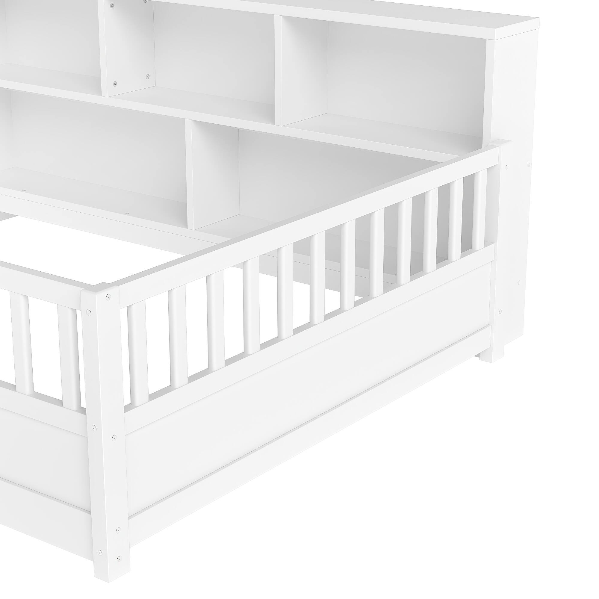 Alt View 6. GOODSILO - Full-Sized Wooden Floor Bed with Fence Guardrail and Side Storage Decorative Function in Classic White Finish - White.