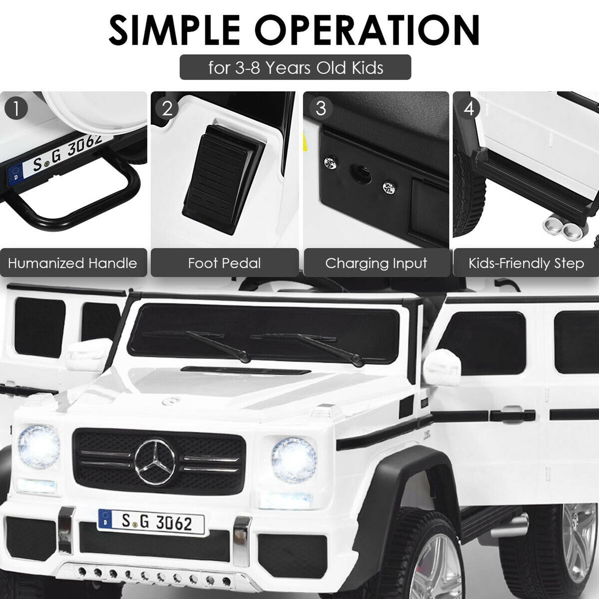 SIMPLE OPERATION  
for 3-8 Years Old Kids  

1. Humanized Handle  
2. Foot Pedal  
3. Charging Input  
4. Kids-Friendly Step  

S.G 3062