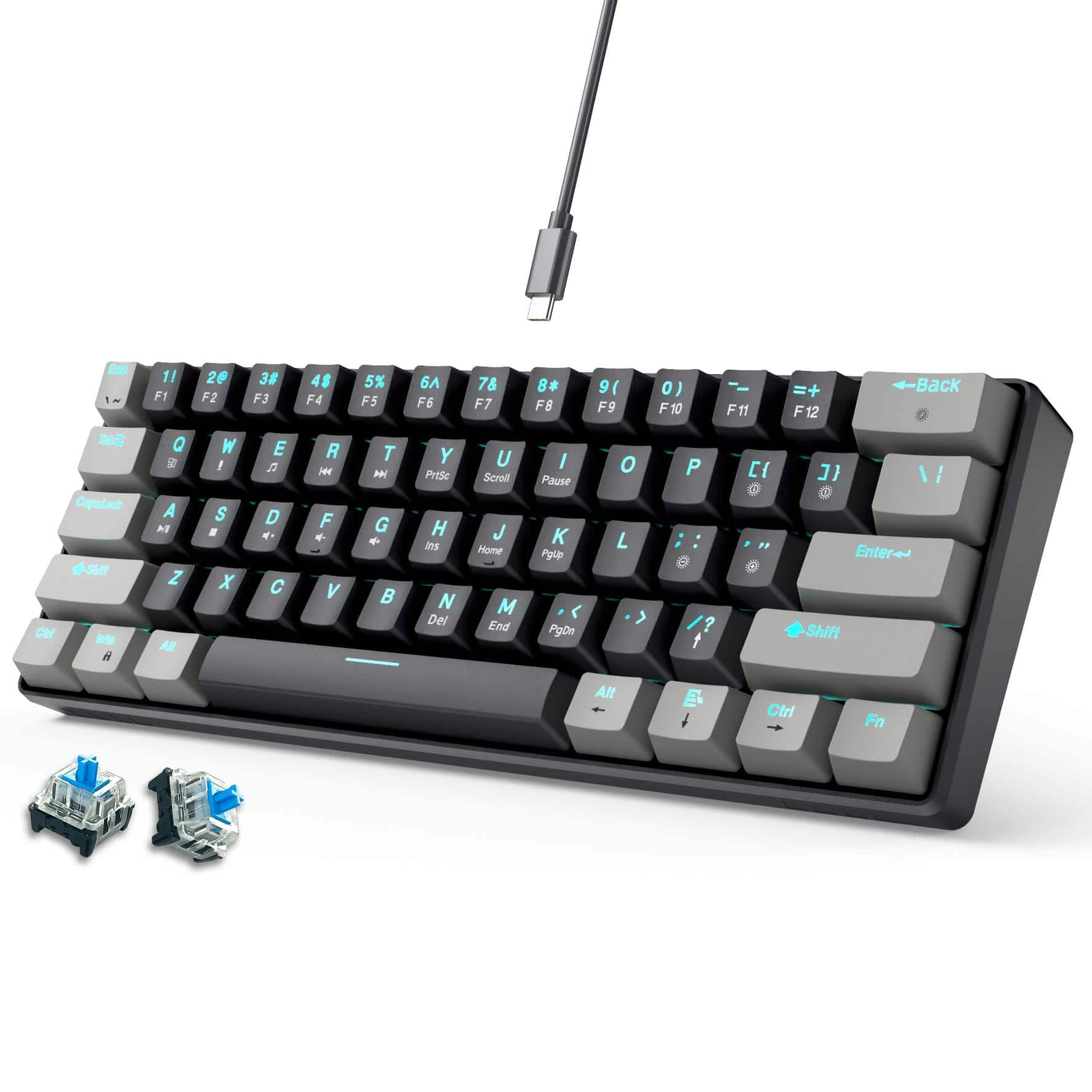 PO3TICJUNKI3 - 60 Mechanical Gaming Blue Wired Compact Anti-ghosting No-conflict 61 Swappable Keycaps Design For Windows - Gray-Black