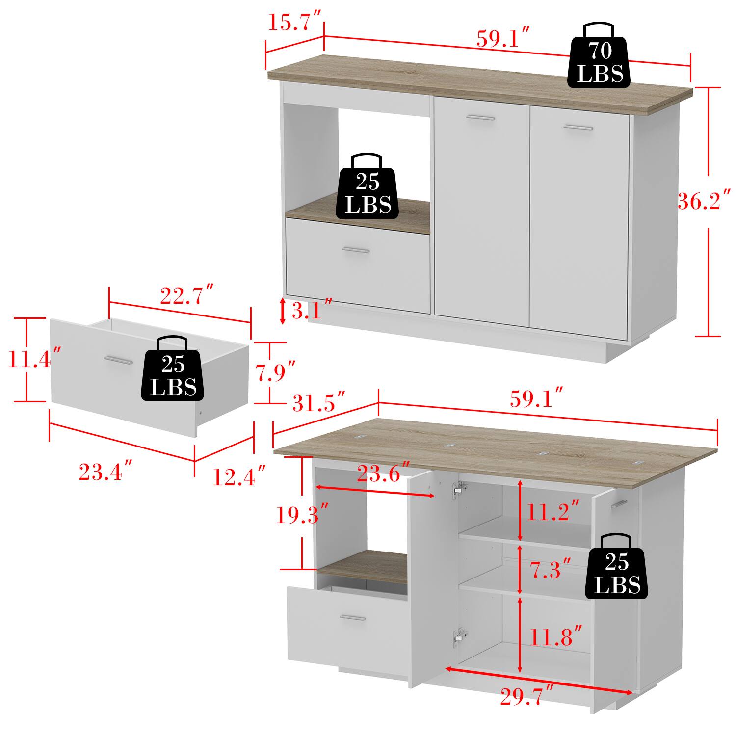 The text on the image is grouped and corrected as follows:

15.7" 59.1" 70 LBS 25 LBS 36.2" 11.4" 22.7" 25 LBS 3.1" 7.9" 31.5" 59.1" 23.4" 12.4" 23.6" 19.3" 11.2" 7.3" 25 LBS 11.8" 29.7"