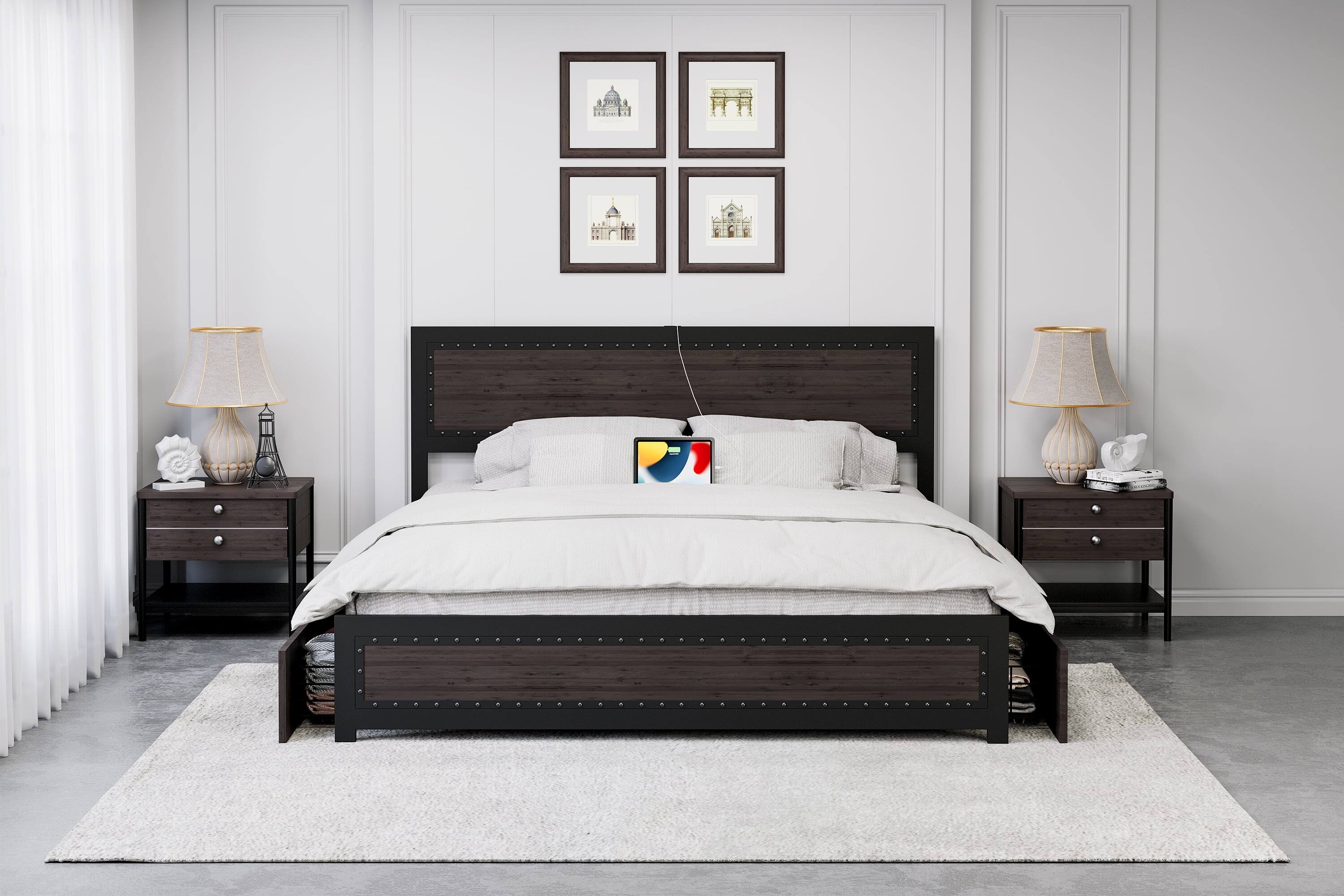 Front. GARVEE - King Size Industrial Bed Frame Dark Grey Headboard Charging Station 4 Drawers Metal Slats - Dark Gray King.