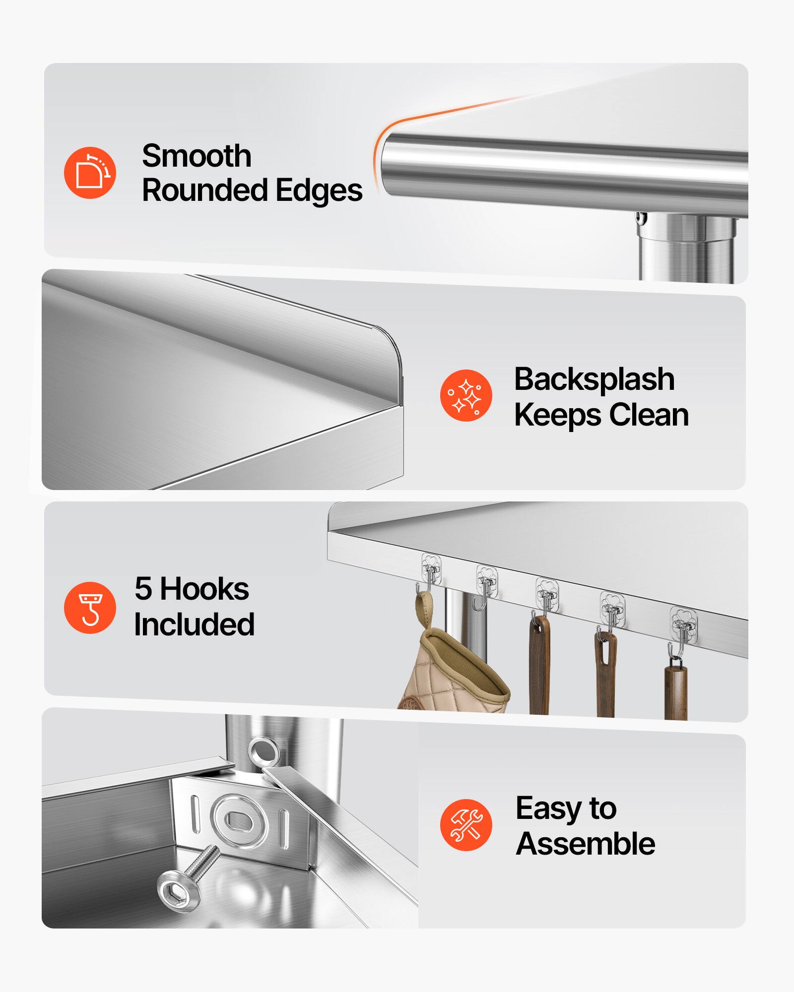 Smooth Rounded Edges  
Backsplash Keeps Clean  
5 Hooks Included  
Easy to Assemble