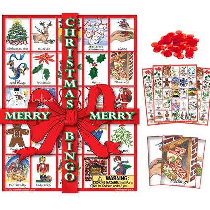 SEVE Swans Christmas Tree Rudolph A-Swimming Giving PE CHRISTMAS PE Five Gold Rings Poinsettia Holly Stockings Lucy Hammett MERRY MERRY Ginged N Ers Her aletoe BINGO WARNING: P A CHOKING HAZARD Small Parts. The Nativity Nutcracker Y Not for Children under 3 yrs. Lucy Mammett Games 2016 Printed in the U.S.A. 0 PLE HOLDEN DEN MAGGIC 6 Stockings