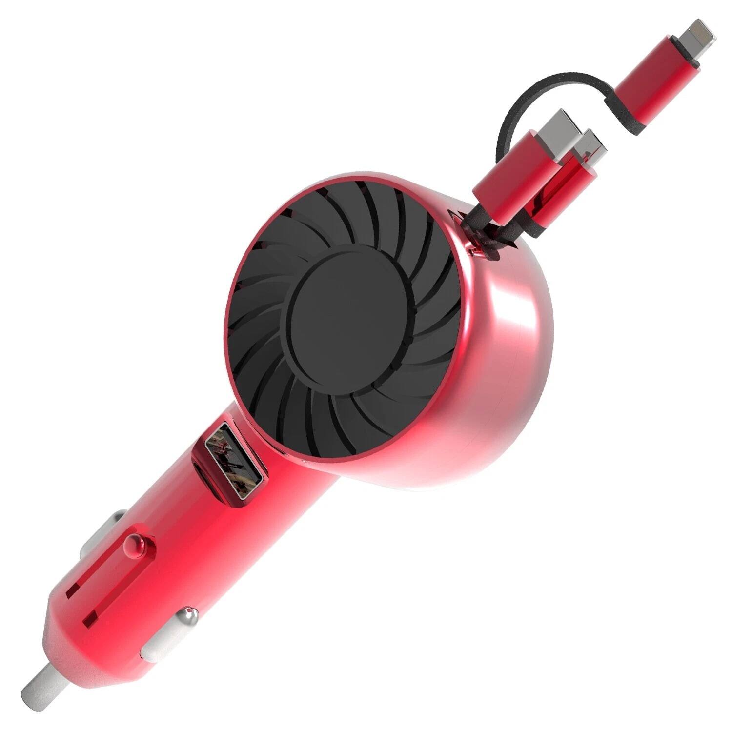 Left. Stock Preferred - 3-in-1 Retractable Car Charger with USB Type-C Fast Charging Adapter Red - Red.