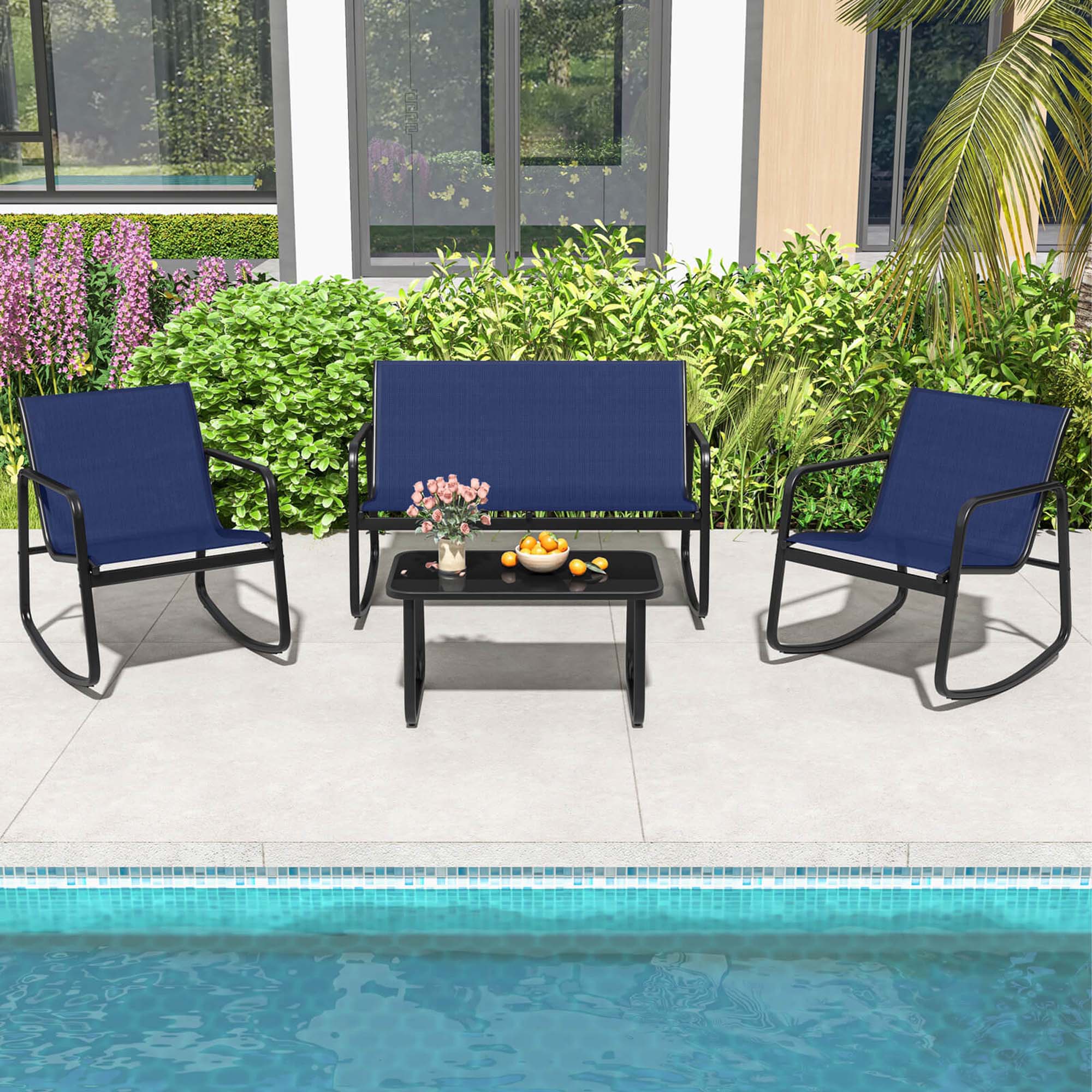 Alt View 1. Costway - 4 PCS Patio Rocking Set 2 Rocking Chairs & Loveseat with Glass-Top Table Outdoor - Navy,Black.