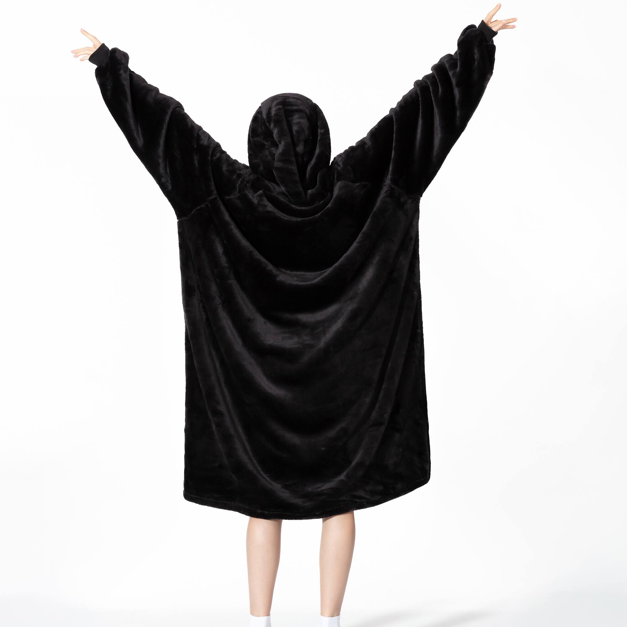 Back. Sweet Home Collection - Oversized Wearable Adult Blanket with Sleeves and Hood - Black.