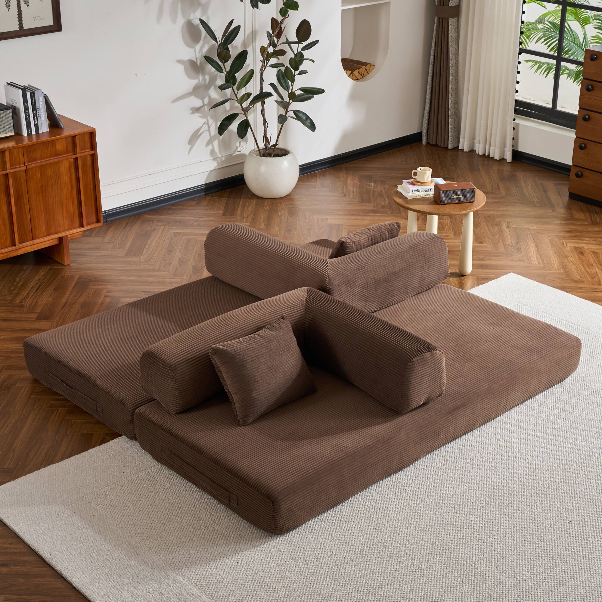 Alt View 2. GOODSILO - Convertible Sleeper Sofa in Cylindroy Fabric | Features a Cylindrical Pillow & Space-Saving Foldable Design - Brown.