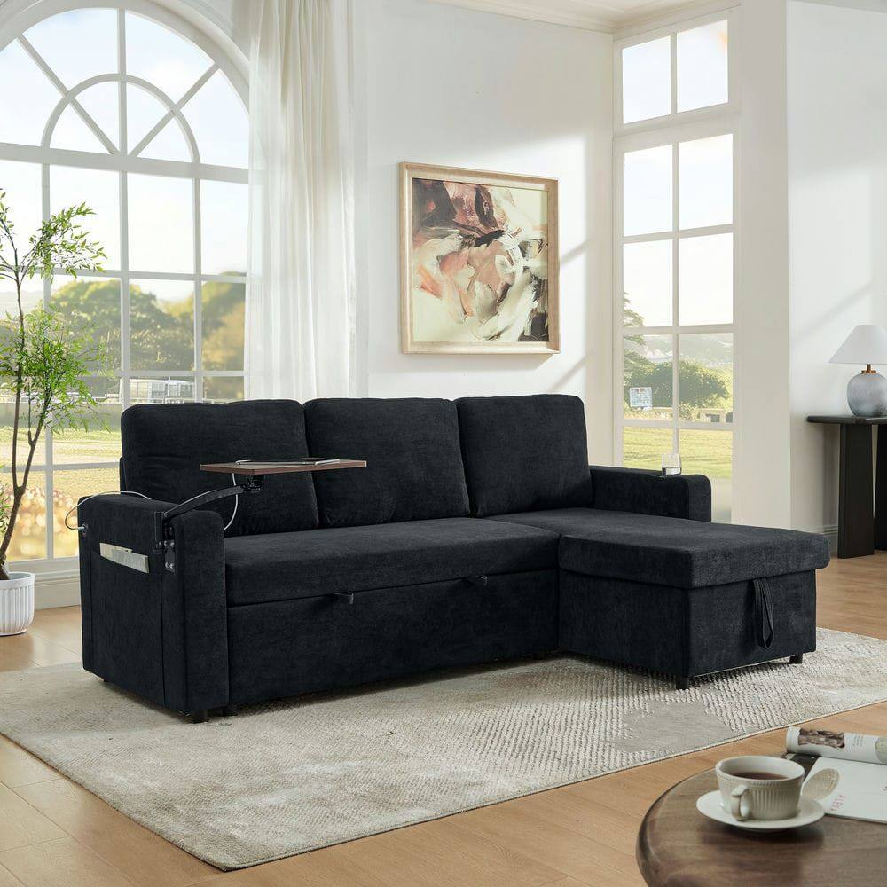 Alt View 5. Kadyn - Pull-Out Sleeper Sofa with Retractable Table, Features LED Lights, USB Ports, and Cup Holders, Black - Black.