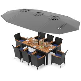 Costway - 11 PCS Patio Wicker Dining Set with Double-Sided Outdoor Umbrella 8 Stackable Chairs - Gray+Navy