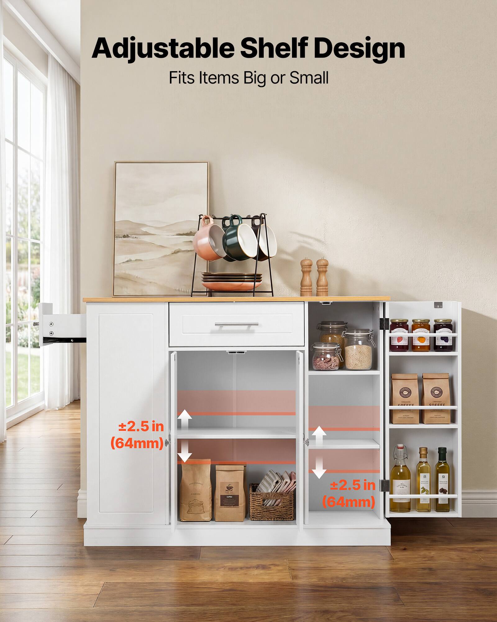 Adjustable Shelf Design Fits Items Big or Small

±2.5 in (64mm)