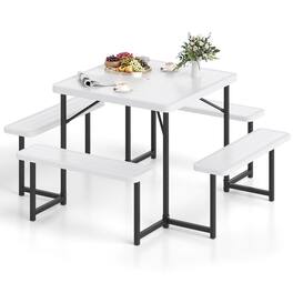 Costway - Picnic Table Bench Set for 4-8 People with Umbrella Hole All-Weather HDPE Tabletop - White