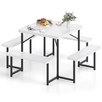 Front. Costway - Costway Picnic Table Bench Set for 4-8 People with Umbrella Hole All-Weather HDPE Tabletop - White.