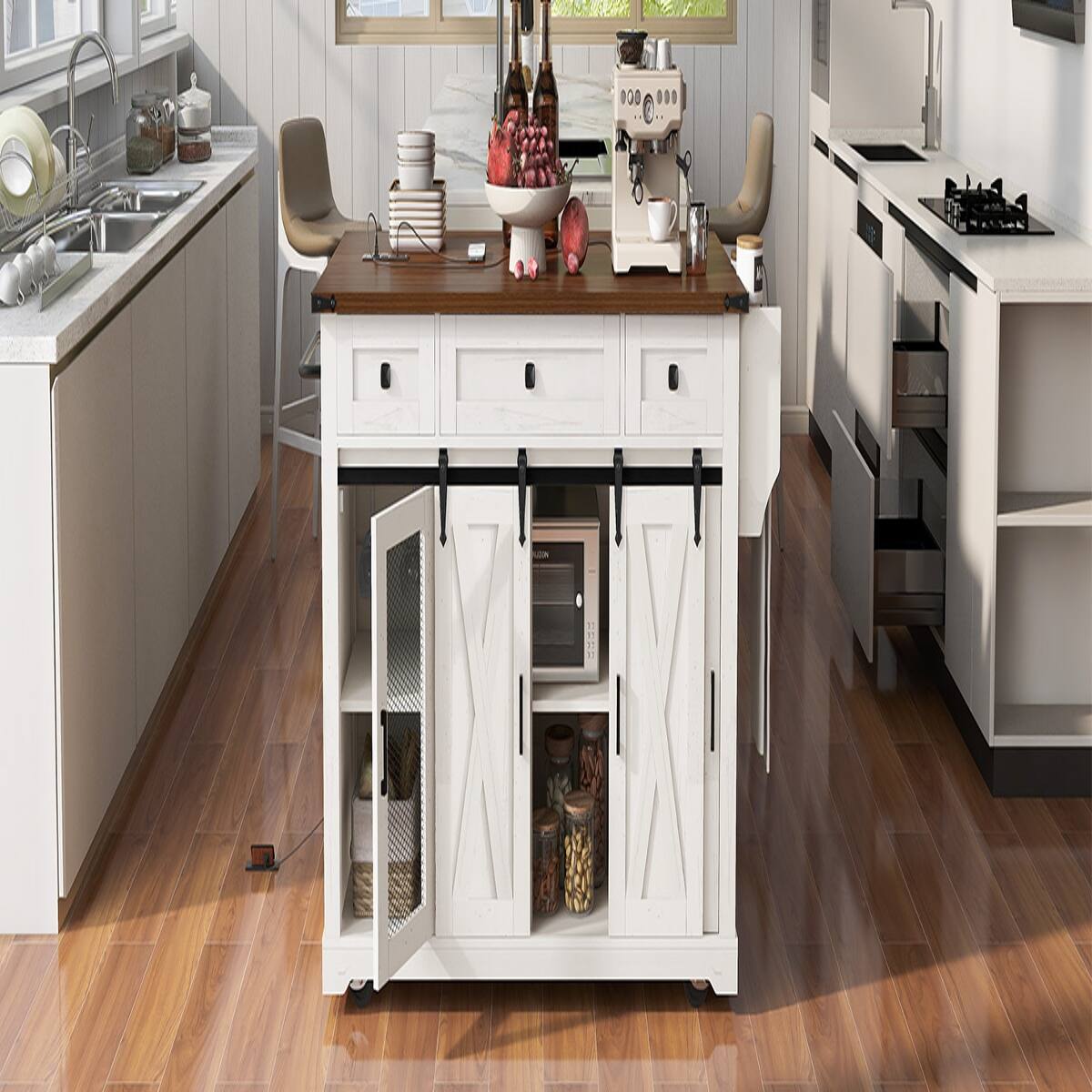 Alt View 1. Loheer - Loheer 58 inch farmhouse kitchen island with drop leaf, rolling kitchen island with storage, White - White.