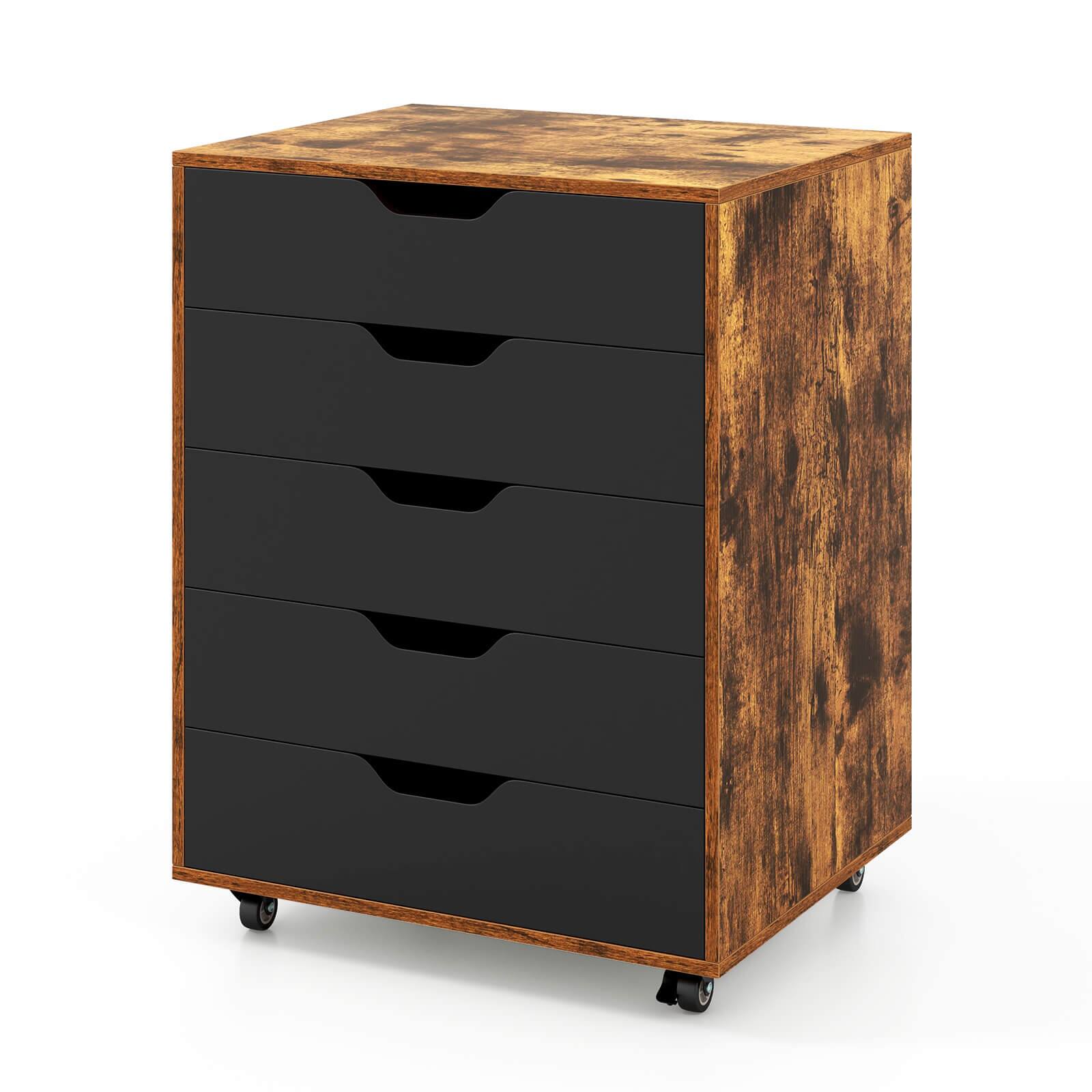 Angle. Costway - Costway 5-Drawer Lateral File Cabinet with Wheels Modern Chest of Drawers for Home - Rustic Brown, Black.