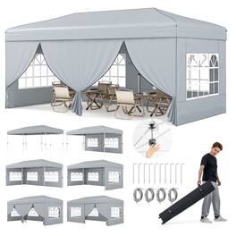 Gymax - 10 X 20 FT Pop up Canopy Tent w/ 6 Sidewalls Wheeled Bag 6 Sandbags 10 Stakes - Gray