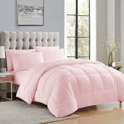 Front. Sweet Home Collection - All Season Reversible Bed-in-A-Bag Solid Color Comforter & Sheet Set, Queen - Pale Pink.