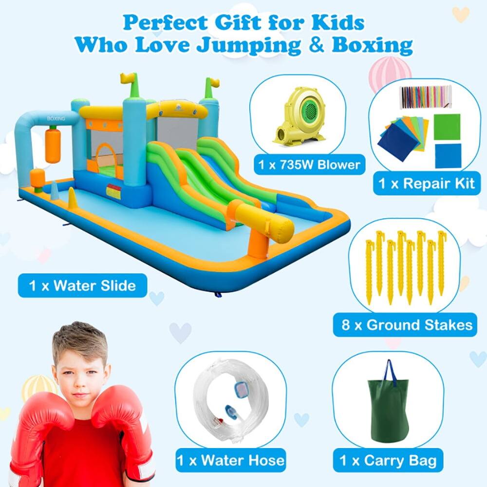 Perfect Gift for Kids Who Love Jumping & Boxing  
1 x 735W Blower  
1 x Repair Kit  
1 x Water Slide  
8 x Ground Stakes  
1 x Water Hose  
1 x Carry Bag
