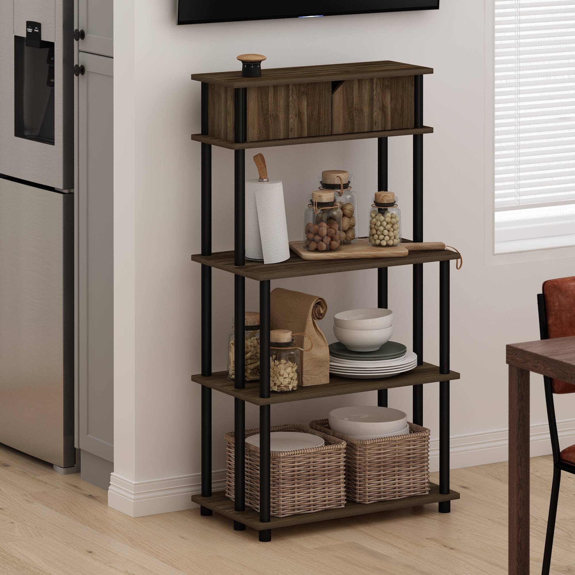 Alt View 5. Furinno - Turn-N-Tube Toolless Kitchen Storage Shelf with Top Cabinet - Columbia Walnut/Black.