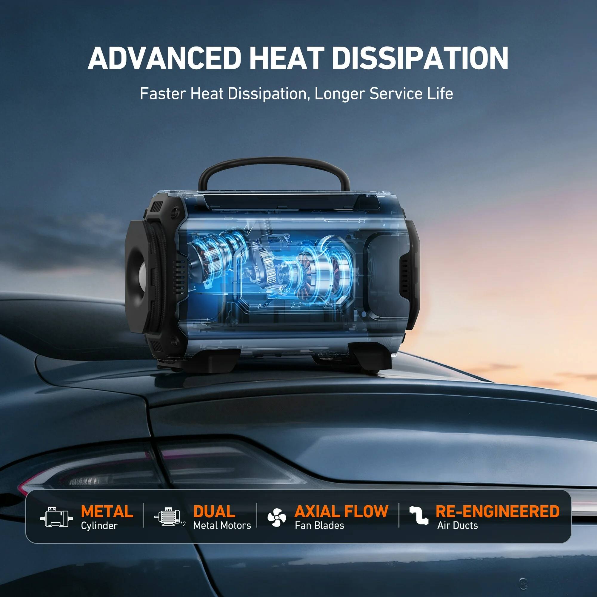 ADVANCED HEAT DISSIPATION  
Faster Heat Dissipation, Longer Service Life  

METAL Cylinder  
DUAL 2 Metal Motors  
AXIAL FLOW Fan Blades  
RE-ENGINEERED Air Ducts