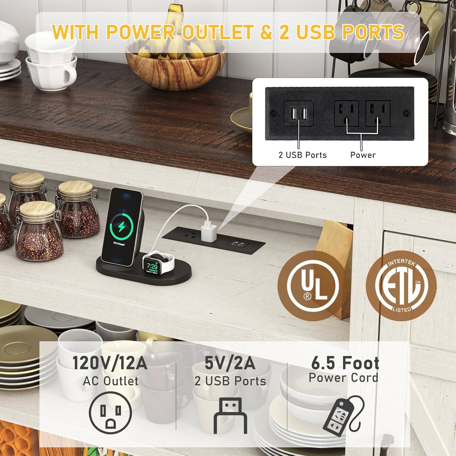 WITH POWER OUTLET & 2 USB PORTS

2 USB Ports
Power

120V/12A AC Outlet
5V/2A 2 USB Ports
6.5 Foot Power Cord

UL
ETL LISTED