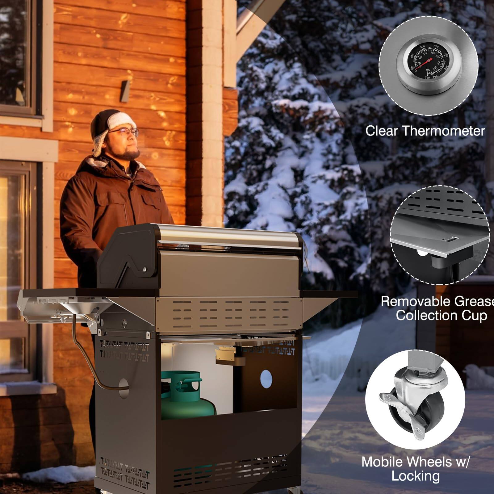 4. Clear Thermometer  
5. Removable Grease Collection Cup  
6. Mobile Wheels w/ Locking