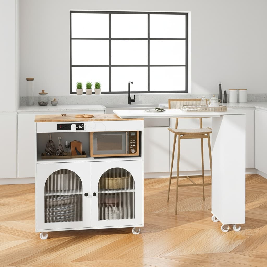 Forest'nSky - Rolling Kitchen Island with Extendable Table – LED Lights, Power Outlets, 2 Fluted Glass Doors & 3 Open Shelves - White