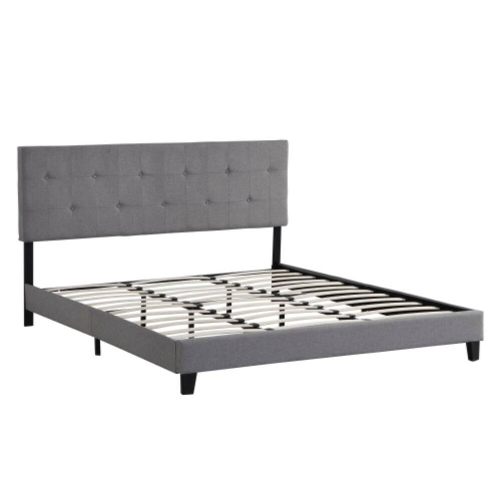 Back. LUCKY ONE - King Size Upholstered Platform Bed Frame with Button Tufted Linen Headboard, Wood Slat Support, No Box Spring Needed - Grey.