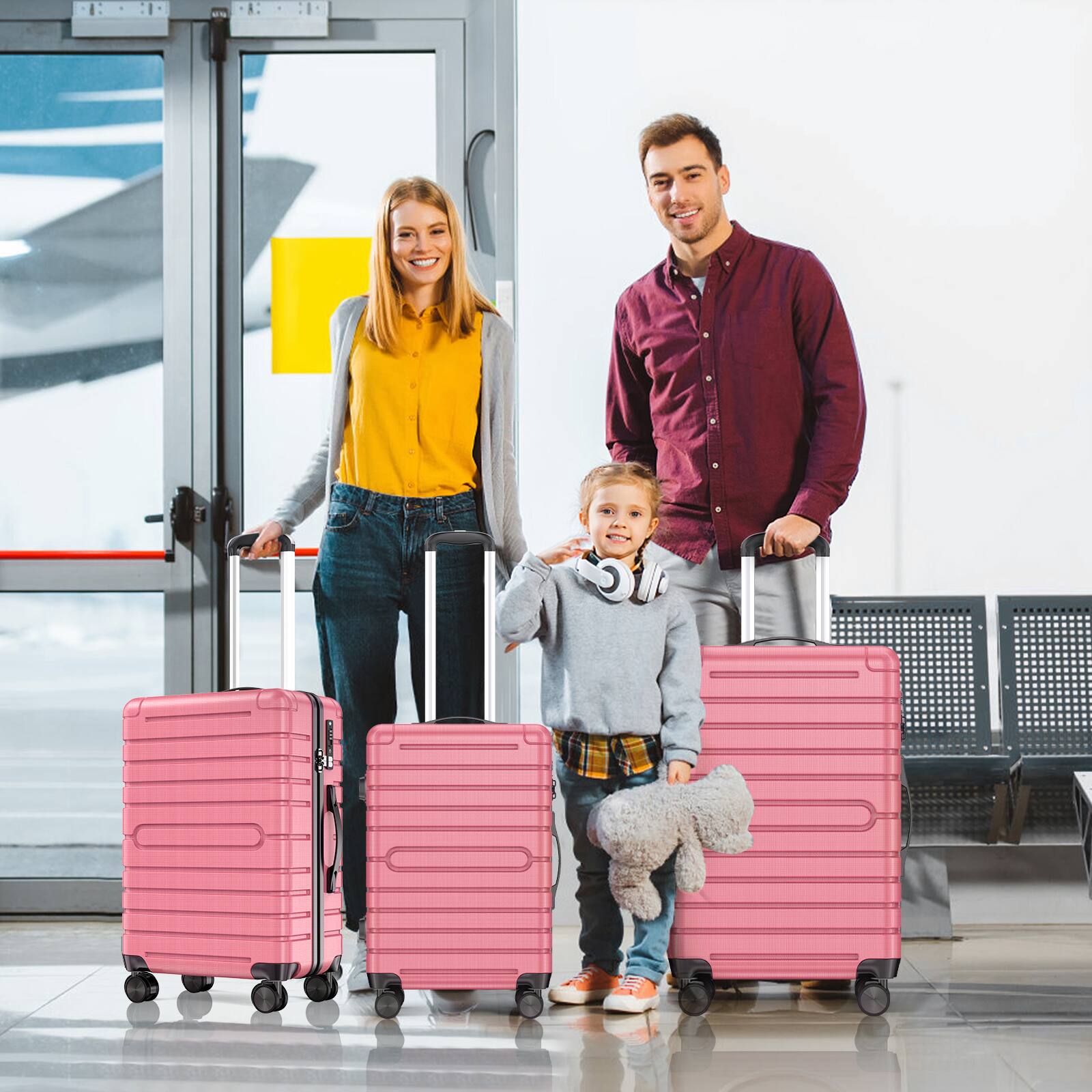 Angle. Sugift - 3 Piece Hardshell Luggage Sets Checked Spinner PC & ABS Luggage Set with YKK Zipper and TSA Lock - Pink.