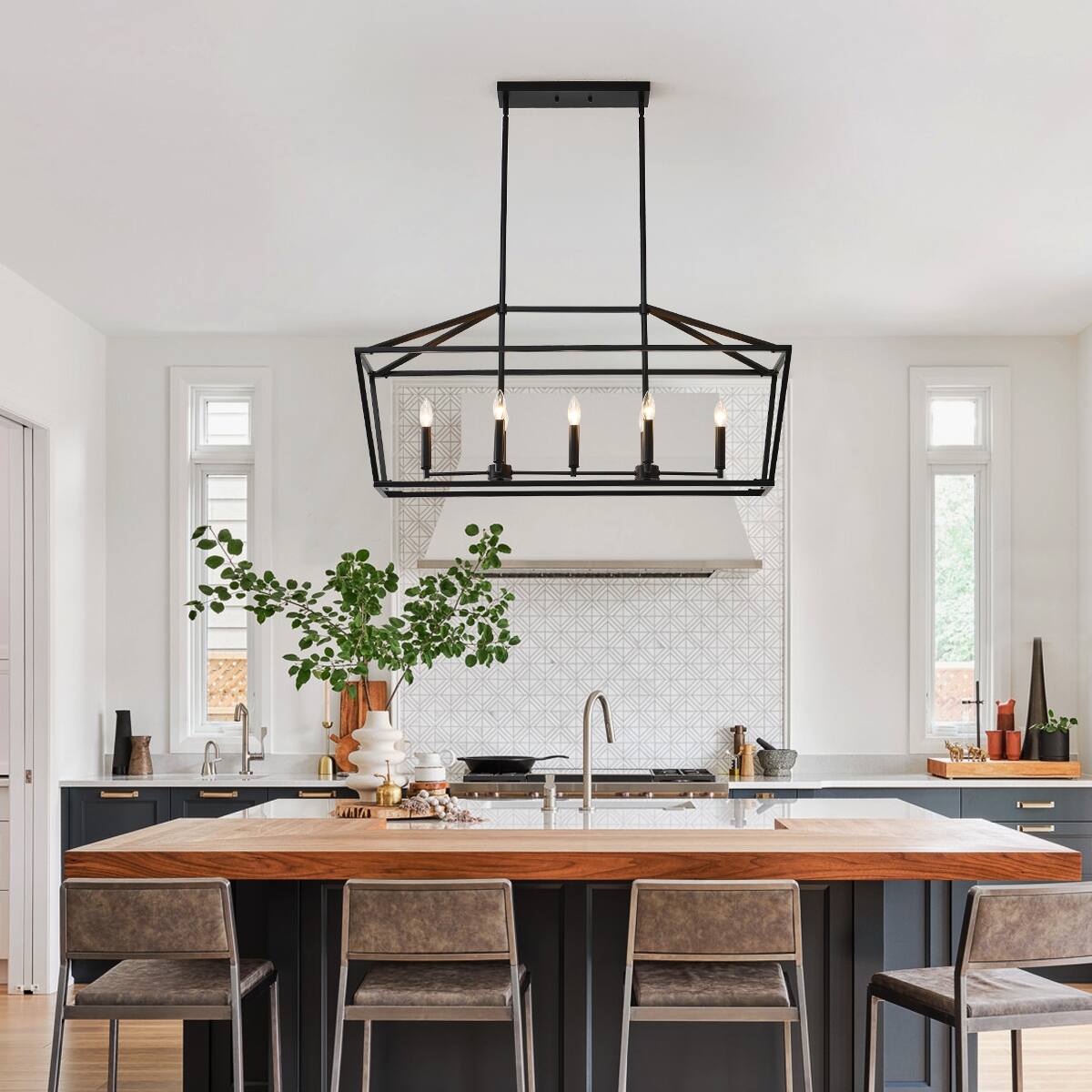 Angle. Loheer - Loheer Farmhouse Kitchen Island Lighting, Matte Black Five Light Linear Chandelier for Dining Room.