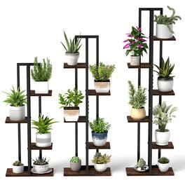 Gymax - 3 PCS Plant Stand Set 4+5+6-Tier Indoor Flower Stands Multi-Tiered Plant Shelves - Black, Brown
