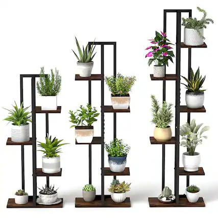 Front. Gymax - Gymax 3 PCS Plant Stand Set 4+5+6-Tier Indoor Flower Stands Multi-Tiered Plant Shelves - Black, Brown.