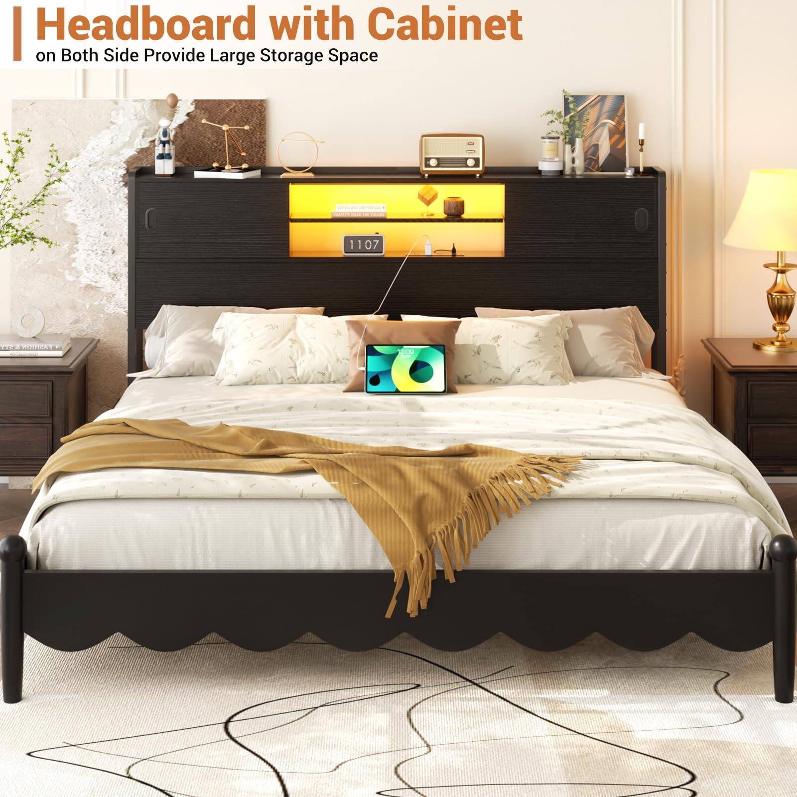 Headboard with Cabinet on Both Side Provide Large Storage Space